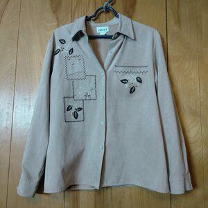 Graff Beige Button Front Embroidered Beaded Blouse Size Medium Neutral Vintage